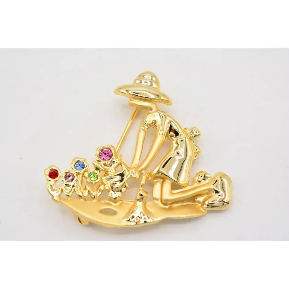Vintage Flower Garden Pin Brooch Figural Floral Crystal Gold NOS 1980s BinA9